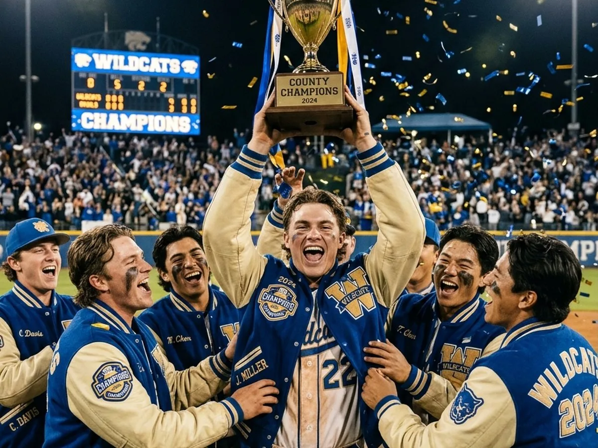 Baseball team celebrating championship win in custom varsity jackets with team logo and player names