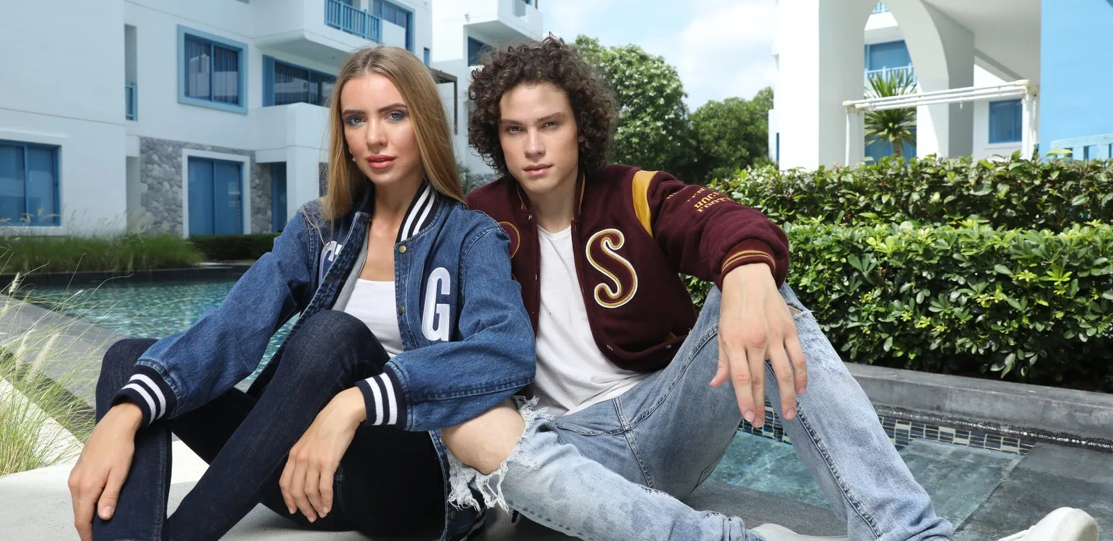 Denim body varsity letterman jackets with leather sleeves