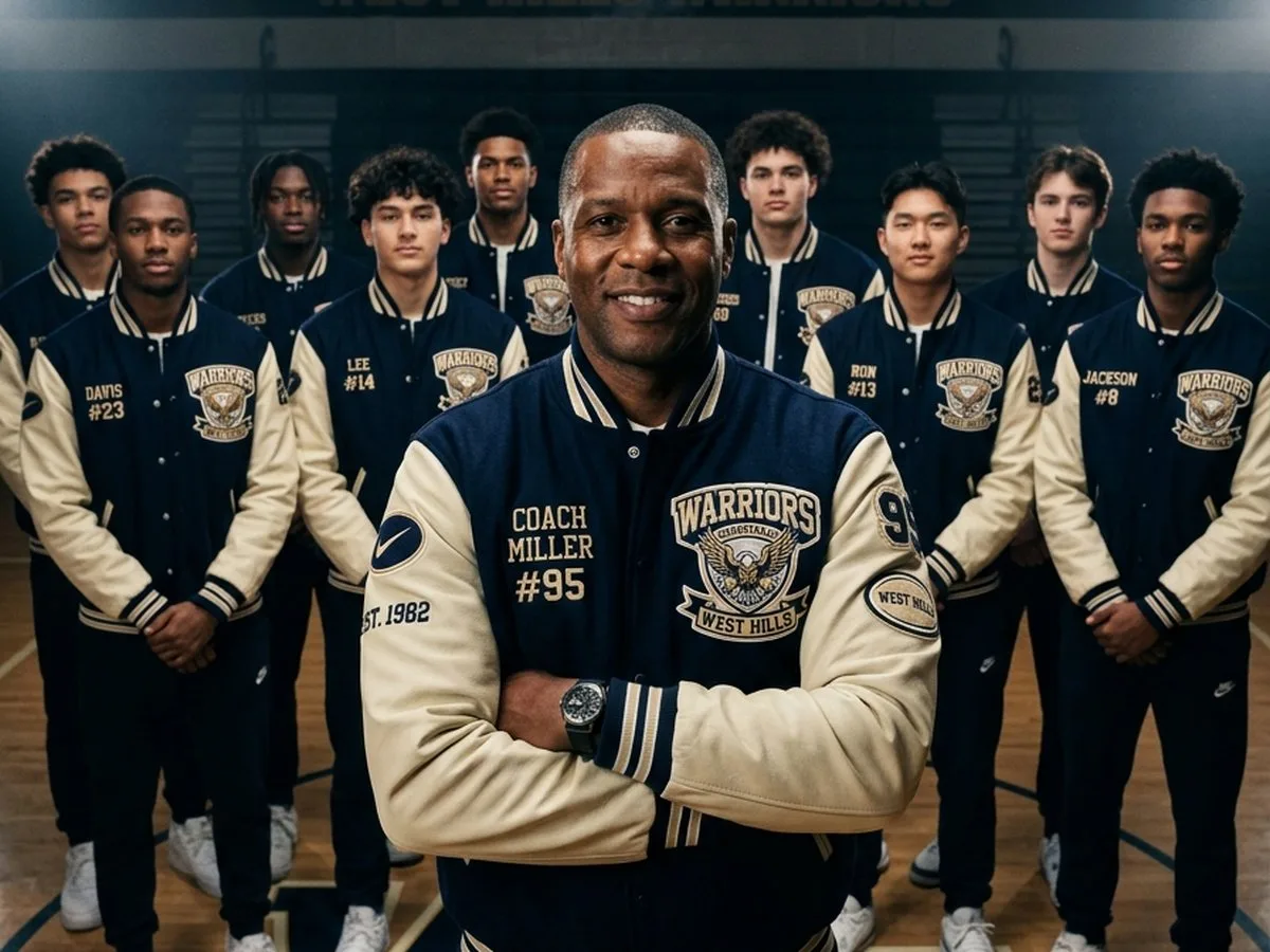 Coach standing with athletic squad in matching custom varsity jackets featuring team logo and individual player names