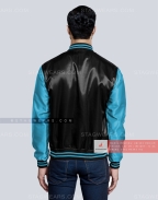 Black Body with Aqua Blue Sleeves Satin Varsity Jacket Back