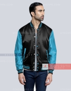 Black Body with Aqua Blue Sleeves Satin Varsity Jacket Casual