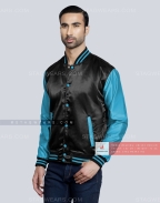 Black Body with Aqua Blue Sleeves Satin Varsity Jacket Front Side