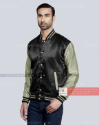 Black Grey Green Satin Varsity Jacket Front Side