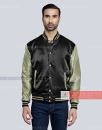 Black Grey Green Satin Varsity Jacket Front