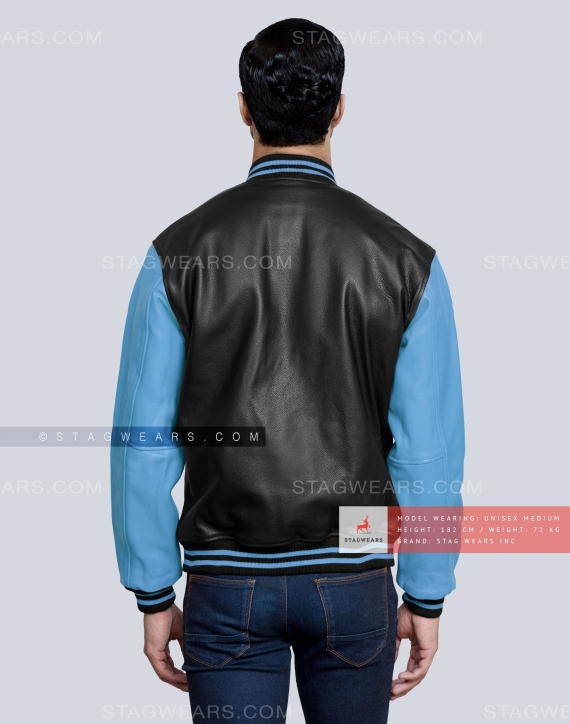 Men's Black & Blue Varsity Jacket - Wool Body, Leather Sleeves