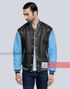 Black Leather body with Sky Blue Leather Sleeves Varsity Jacket Casual