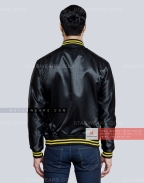 Black Satin Baseball Jacket with Yellow pockets and Knit lines Back