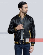 Black Satin Varsity Jacket with Gold pockets and Knit lines Casual