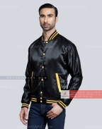 Black Satin Varsity Jacket with Gold pockets and Knit lines Front Side