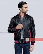 Black Satin Varsity Jacket with Hot Pink pockets and Knit lines Casual