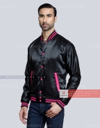 Black Satin Varsity Jacket with Hot Pink pockets and Knit lines Front Side