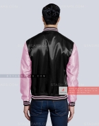 Black body with Baby Pink sleeves Satin Varsity Jacket Back