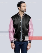 Black body with Baby Pink sleeves Satin Varsity Jacket Casual