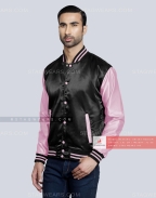 Black body with Baby Pink sleeves Satin Varsity Jacket Front Side