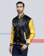 Black body with Gold Sleeves Satin Varsity Jacket Front Side