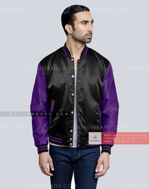 Black Body with Purple Sleeves Satin Varsity Jacket