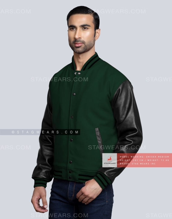 Deckra Sports Men's Varsity Jackets Genuine Leather Sleeve and Wool Body Black/Green 3XL