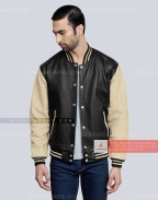 Leather Letterman Jacket with Black Body and Beige Sleeves Casual