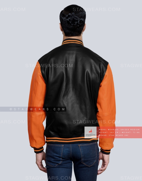Leather Varsity Jacket with Black Body and Orange Sleeves