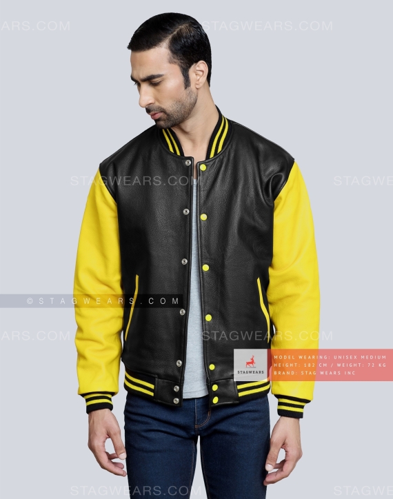 Football Black And Yellow Varsity Wool Leather Jacket - Just