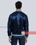 Navy Blue Satin Varsity Jacket Back