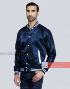 Navy Blue Satin Varsity Jacket Front Side