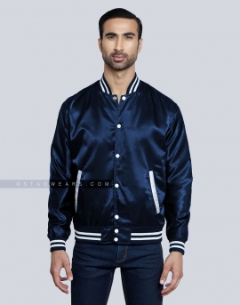 Navy Blue Satin Varsity Jacket: Get Ready For All Occasions!