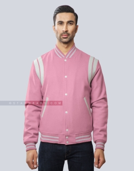 Maximos New Men's Premium Classic Snap Button Vintage Baseball Letterman Varsity Jacket (Pink White, M), Size: One Size