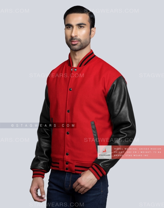 Men's Red Wool Varsity Jacket with Black Leather Sleeves - Baseball Style  *Ends Soon*