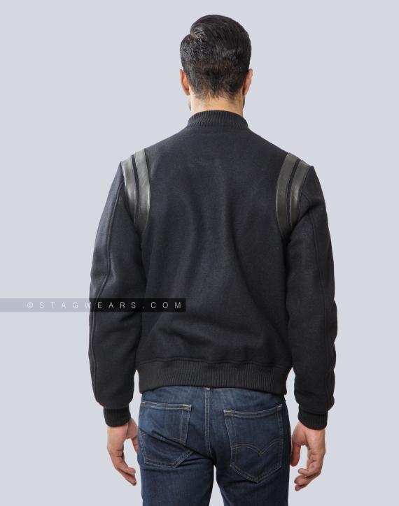 Retro Black Letterman Melton Wool Jacket with Shoulder Inserts