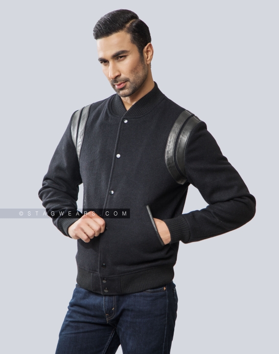 Retro Black Letterman Melton Wool Jacket with Shoulder Inserts