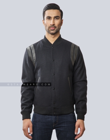 Retro Black Letterman Melton Wool Jacket with Shoulder Inserts