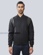 Retro Black Melton Wool Letterman Jacket with Shoulder Inserts Front