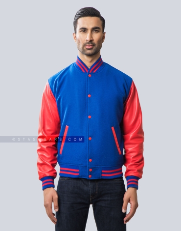 Royal Blue and Red Striped Letterman Jacket with White Leather Sleeves