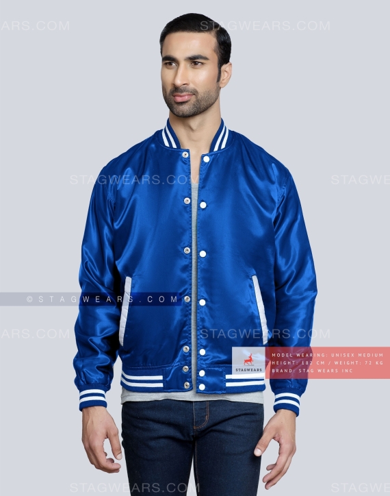 Varsity Baseball Letterman Bomber School Collage Royal Blue Wool and  Genuine White Leather Sleeves Zipper Jacket at  Men’s Clothing store