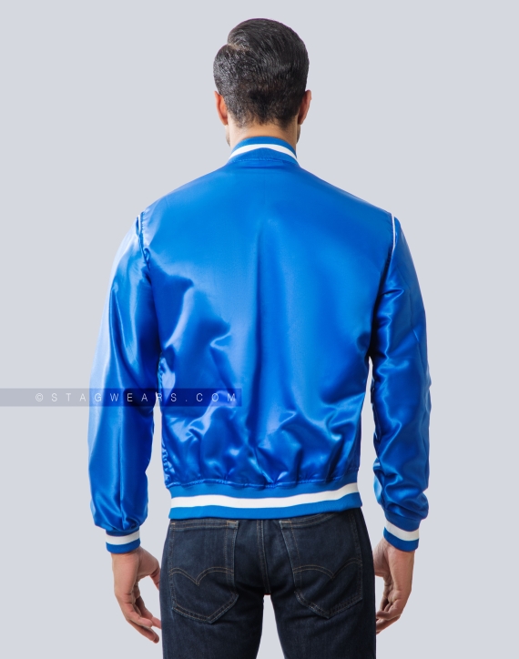 Contrast Leather Sleeve Varsity Jacket, BLUE
