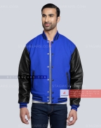 Royal Blue Wool body with Black Leather Sleeves Varsity Jacket Casual