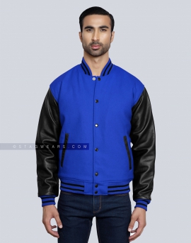 Mens Royal Blue Wool Varsity Jacket with Black Leather Sleeves In Canada