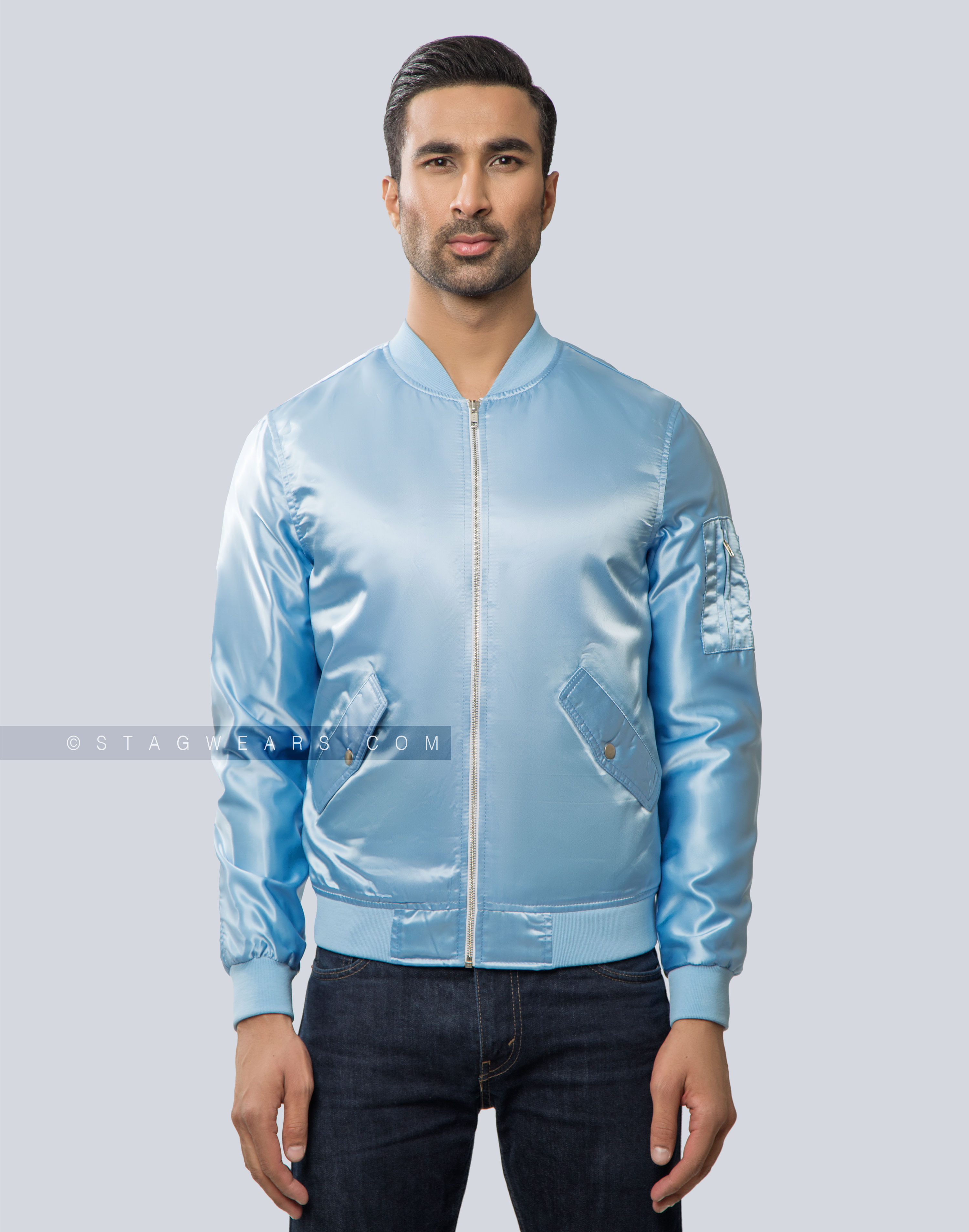 Sky Blue Unisex Satin Bomber Jacket with Zipper Front and Flap Pockets