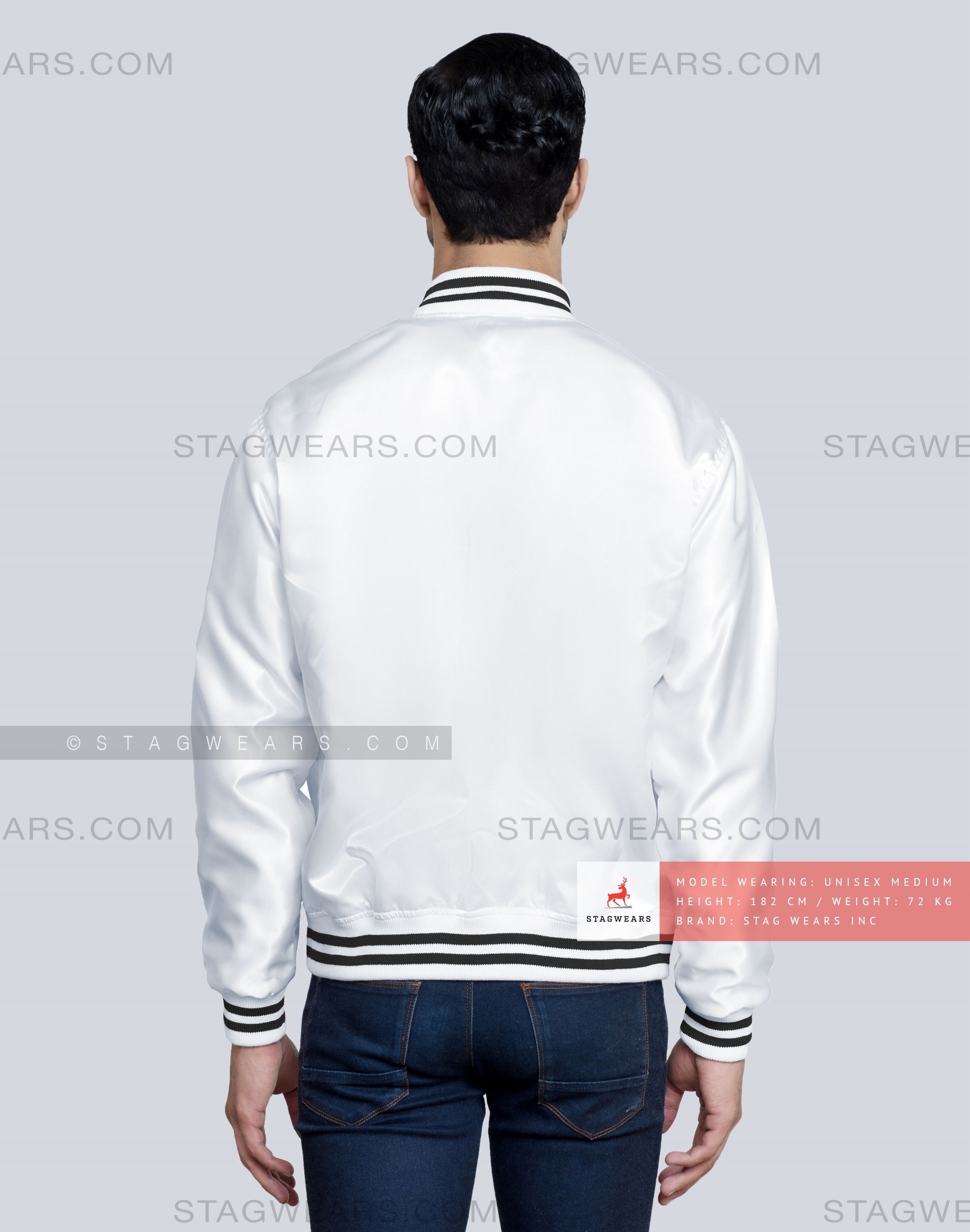 White Satin Baseball Jacket with Black pockets and Knit lines