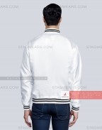 White Satin Baseball Jacket with Black pockets and Knit lines Back