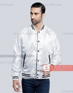 White Satin Baseball Jacket with Black pockets and Knit lines Casual