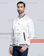 White Satin Baseball Jacket with Black pockets and Knit lines Front Side