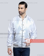 White Satin Baseball Jacket with Dark Grey pockets and Knit lines Casual