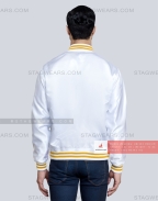 White Satin Baseball Jacket with Gold pockets and Knit lines Back