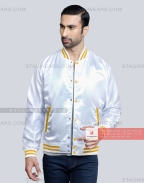 White Satin Baseball Jacket with Gold pockets and Knit lines Casual