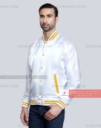 White Satin Baseball Jacket with Gold pockets and Knit lines Front Side