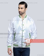 White Satin Baseball Jacket with Green pockets and Knit lines Casual