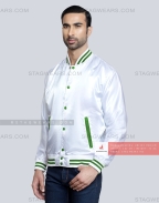 White Satin Baseball Jacket with Green pockets and Knit lines Front Side