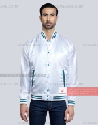 White Satin Baseball Jacket with Light Aqua pockets and Knit lines Front